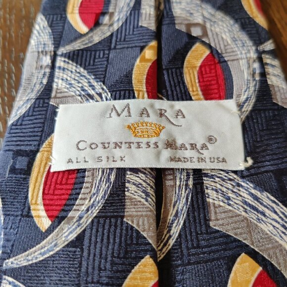 Silk Mens Tie by Countess Mara in geometric pattern in Blue, Red, Grey, Cream - Picture 2 of 7